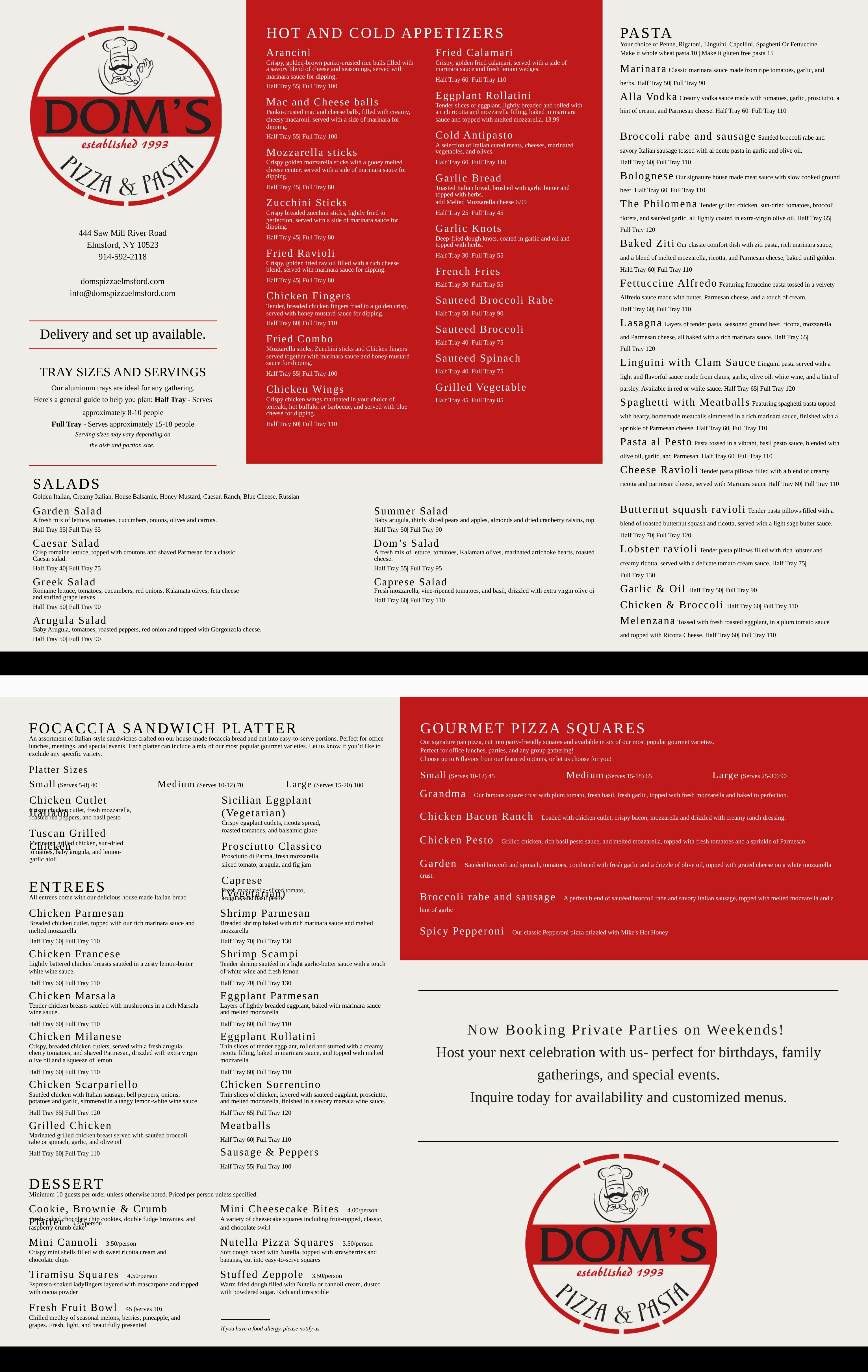 Dom's Pizza &amp; Pasta Catering Menu